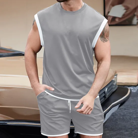 Outlet OUKU Men's T-shirt Suits Undershirt 2 Pieces Outfits Tee & Shorts Sleeveless Crewneck Summer Solid / Plain Color Fashion Casual 2 Piece Vacation Daily Wear Going out Black White Brown Top Tee for Men