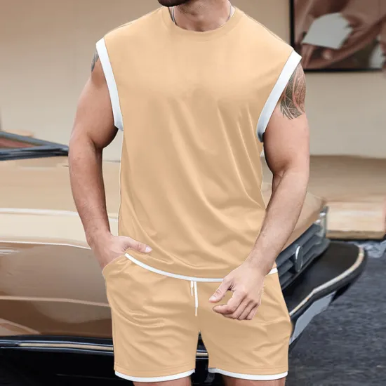 Outlet OUKU Men's T-shirt Suits Undershirt 2 Pieces Outfits Tee & Shorts Sleeveless Crewneck Summer Solid / Plain Color Fashion Casual 2 Piece Vacation Daily Wear Going out Black White Brown Top Tee for Men