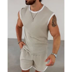 Outlet OUKU Men's T-shirt Suits Undershirt 2 Pieces Outfits Tee & Shorts Sleeveless Crewneck Summer Solid / Plain Color Fashion Casual 2 Piece Vacation Daily Wear Going out Black White Brown Top Tee for Men