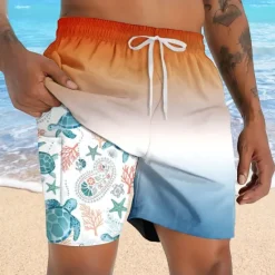 Online OUKU Men's Turtles Sea Creatures Lined Shorts 2 in 1 Board Shorts Swim Shorts Mid Waist Hawaiian Vacation Holiday Beach Wear Side Pockets With Compression Liner Elastic Drawstring Waist Designer Clothing