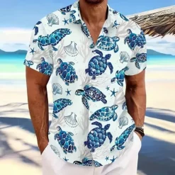 OUKU Men's Turtles Sea Creatures Summer Hawaiian Shirt Button Up Shirt Short Sleeve Hawaiian Resort Vacation Holiday Beach Wear Summer Spring Turndown Collared Shirts Blue