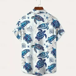 OUKU Men's Turtles Sea Creatures Summer Hawaiian Shirt Button Up Shirt Short Sleeve Hawaiian Resort Vacation Holiday Beach Wear Summer Spring Turndown Collared Shirts Blue
