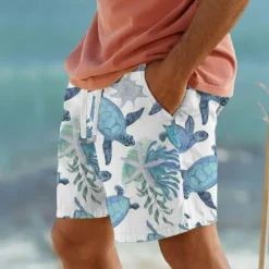 Best OUKU Men's Turtles Sea Creatures Shorts Cotton Linen Shorts Mid Waist Hawaiian Vacation Dailywear Holiday Pocket Drawstring Elastic Waist Designer Clothing Apparel