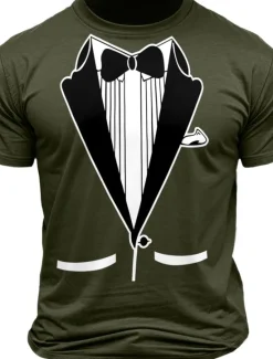 Best OUKU Men's Tuxedo Costume T Shirt Tee Top 100% Cotton Short Sleeve Graphic Shirt Black White Army Green Comfortable Tee Street Cosplay Costumes Fashion Designer Clothing