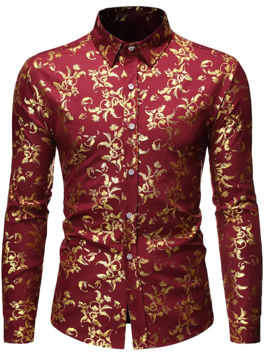 Sale OUKU Men's Tuxedo Shirts Floral Outdoor Party Wine Black White Dark Blue Long Sleeve Turndown Spring Fall Clothing Apparel Print
