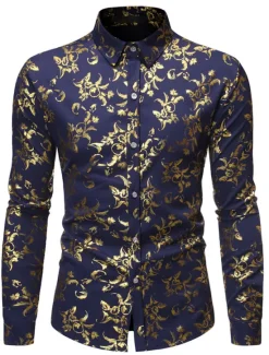 Sale OUKU Men's Tuxedo Shirts Floral Outdoor Party Wine Black White Dark Blue Long Sleeve Turndown Spring Fall Clothing Apparel Print