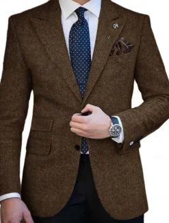 Clearance OUKU Men's Tweed Blazer Closure collar Retro Vintage Herringbone Blazer Brown khaki Dark Grey Plus Size Single Breasted Two-buttons