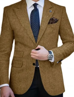 Clearance OUKU Men's Tweed Blazer Closure collar Retro Vintage Herringbone Blazer Brown khaki Dark Grey Plus Size Single Breasted Two-buttons