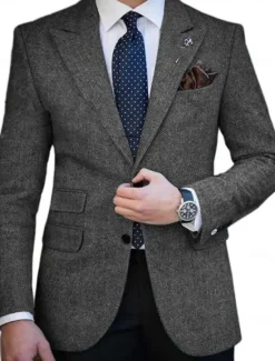 Clearance OUKU Men's Tweed Blazer Closure collar Retro Vintage Herringbone Blazer Brown khaki Dark Grey Plus Size Single Breasted Two-buttons