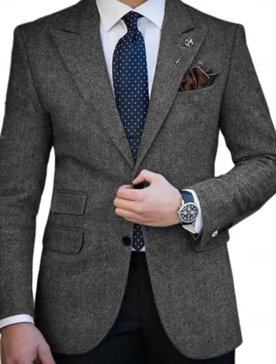 Clearance OUKU Men's Tweed Blazer Closure collar Retro Vintage Herringbone Blazer Brown khaki Dark Grey Plus Size Single Breasted Two-buttons