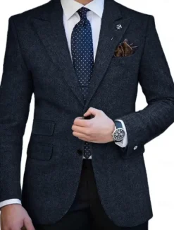 Clearance OUKU Men's Tweed Blazer Closure collar Retro Vintage Herringbone Blazer Brown khaki Dark Grey Plus Size Single Breasted Two-buttons