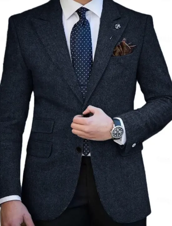 Clearance OUKU Men's Tweed Blazer Closure collar Retro Vintage Herringbone Blazer Brown khaki Dark Grey Plus Size Single Breasted Two-buttons