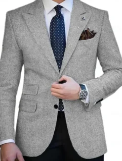 Clearance OUKU Men's Tweed Blazer Closure collar Retro Vintage Herringbone Blazer Brown khaki Dark Grey Plus Size Single Breasted Two-buttons