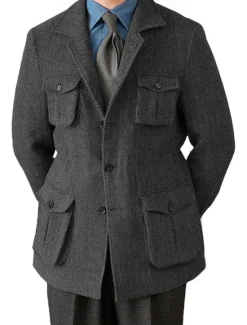Clearance OUKU Men's Tweed Blazer Notch Collar Retro Vintage Herringbone Blazer Navy Blue Brown Dark Grey Standard Fit Single Breasted Three-buttons