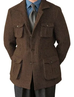 Clearance OUKU Men's Tweed Blazer Notch Collar Retro Vintage Herringbone Blazer Navy Blue Brown Dark Grey Standard Fit Single Breasted Three-buttons
