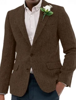 OUKU Men's Tweed Blazer Notch Collar Vintage Herringbone Blazer Burgundy Brown Green Standard Fit Single Breasted Two-buttons