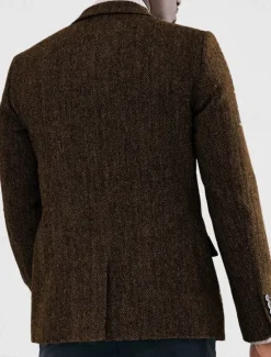 OUKU Men's Tweed Blazer Notch Collar Vintage Herringbone Blazer Burgundy Brown Green Standard Fit Single Breasted Two-buttons
