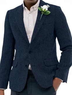 OUKU Men's Tweed Blazer Notch Collar Vintage Herringbone Blazer Burgundy Brown Green Standard Fit Single Breasted Two-buttons