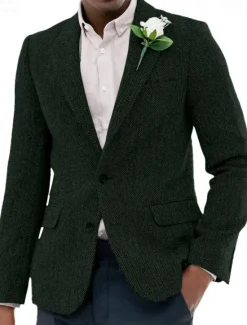 OUKU Men's Tweed Blazer Notch Collar Vintage Herringbone Blazer Burgundy Brown Green Standard Fit Single Breasted Two-buttons
