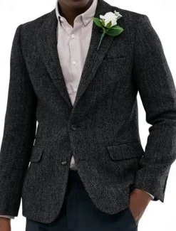 OUKU Men's Tweed Blazer Notch Collar Vintage Herringbone Blazer Burgundy Brown Green Standard Fit Single Breasted Two-buttons