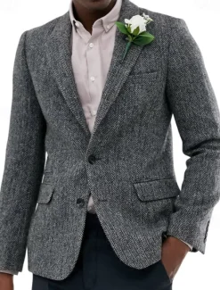 OUKU Men's Tweed Blazer Notch Collar Vintage Herringbone Blazer Burgundy Brown Green Standard Fit Single Breasted Two-buttons