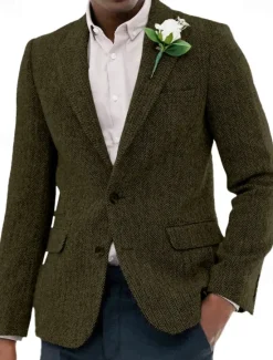OUKU Men's Tweed Blazer Notch Collar Vintage Herringbone Blazer Burgundy Brown Green Standard Fit Single Breasted Two-buttons