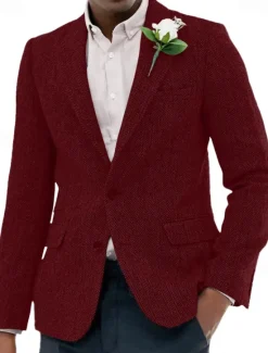 OUKU Men's Tweed Blazer Notch Collar Vintage Herringbone Blazer Burgundy Brown Green Standard Fit Single Breasted Two-buttons