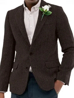 OUKU Men's Tweed Blazer Notch Collar Vintage Herringbone Blazer Burgundy Brown Green Standard Fit Single Breasted Two-buttons