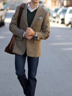 Clearance OUKU Men's Tweed Herringbone Blazer Jacket Vintage Plus Size Regular Tailored Fit Single Breasted Two-buttons Green khaki