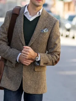 Clearance OUKU Men's Tweed Herringbone Blazer Jacket Vintage Plus Size Regular Tailored Fit Single Breasted Two-buttons Green khaki