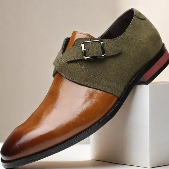 New OUKU Men's Two-Tone Faux Leather and Suede Monk Strap Shoes – Elegant Buckle Dress Shoes for Formal Occasions