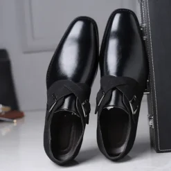 New OUKU Men's Two-Tone Faux Leather and Suede Monk Strap Shoes – Elegant Buckle Dress Shoes for Formal Occasions