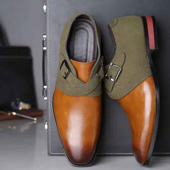 New OUKU Men's Two-Tone Faux Leather and Suede Monk Strap Shoes – Elegant Buckle Dress Shoes for Formal Occasions