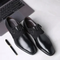 New OUKU Men's Two-Tone Faux Leather and Suede Monk Strap Shoes – Elegant Buckle Dress Shoes for Formal Occasions