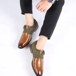 New OUKU Men's Two-Tone Faux Leather and Suede Monk Strap Shoes – Elegant Buckle Dress Shoes for Formal Occasions