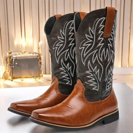 Discount OUKU Men's Two-Tone Western Cowboy Boots – Vintage Style with Embroidered Shaft, and Black Faux Leather, Perfect for Rodeo or Casual Wear Brown