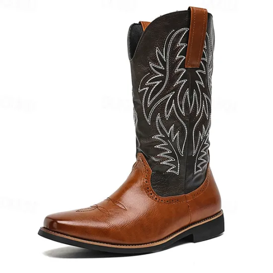 Discount OUKU Men's Two-Tone Western Cowboy Boots – Vintage Style with Embroidered Shaft, and Black Faux Leather, Perfect for Rodeo or Casual Wear Brown