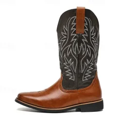 Discount OUKU Men's Two-Tone Western Cowboy Boots – Vintage Style with Embroidered Shaft, and Black Faux Leather, Perfect for Rodeo or Casual Wear Brown