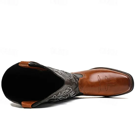 Discount OUKU Men's Two-Tone Western Cowboy Boots – Vintage Style with Embroidered Shaft, and Black Faux Leather, Perfect for Rodeo or Casual Wear Brown