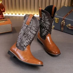 Discount OUKU Men's Two-Tone Western Cowboy Boots – Vintage Style with Embroidered Shaft, and Black Faux Leather, Perfect for Rodeo or Casual Wear Brown