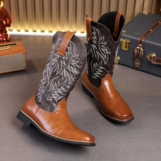 Discount OUKU Men's Two-Tone Western Cowboy Boots – Vintage Style with Embroidered Shaft, and Black Faux Leather, Perfect for Rodeo or Casual Wear Brown