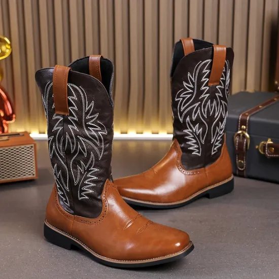 Discount OUKU Men's Two-Tone Western Cowboy Boots – Vintage Style with Embroidered Shaft, and Black Faux Leather, Perfect for Rodeo or Casual Wear Brown