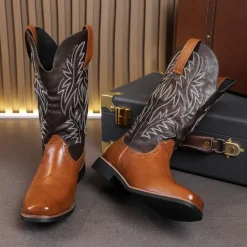 Discount OUKU Men's Two-Tone Western Cowboy Boots – Vintage Style with Embroidered Shaft, and Black Faux Leather, Perfect for Rodeo or Casual Wear Brown