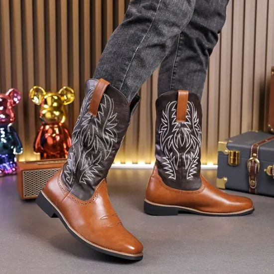 Discount OUKU Men's Two-Tone Western Cowboy Boots – Vintage Style with Embroidered Shaft, and Black Faux Leather, Perfect for Rodeo or Casual Wear Brown