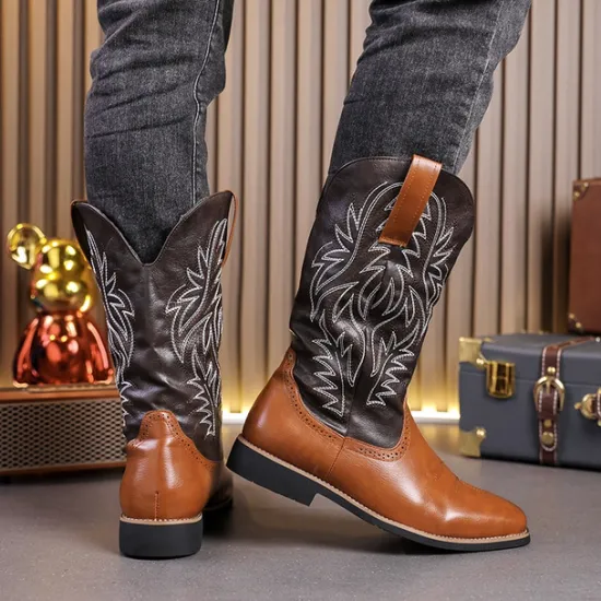 Discount OUKU Men's Two-Tone Western Cowboy Boots – Vintage Style with Embroidered Shaft, and Black Faux Leather, Perfect for Rodeo or Casual Wear Brown