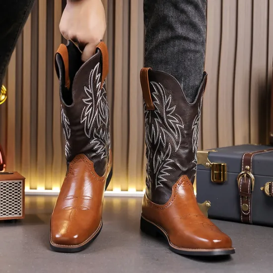Discount OUKU Men's Two-Tone Western Cowboy Boots – Vintage Style with Embroidered Shaft, and Black Faux Leather, Perfect for Rodeo or Casual Wear Brown