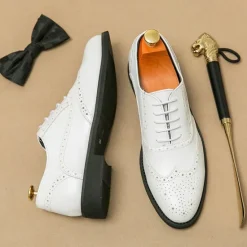 New OUKU Men's Two-Tone Wingtip Oxford Brogue Shoes in Brown and White, Genuine Leather Gatsby-Inspired 1920s Vintage Dress Shoes for Wedding, Jazz Party, and Formal Events