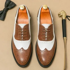 New OUKU Men's Two-Tone Wingtip Oxford Brogue Shoes in Brown and White, Genuine Leather Gatsby-Inspired 1920s Vintage Dress Shoes for Wedding, Jazz Party, and Formal Events
