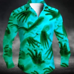 Outlet OUKU Men's Unique Unusual Hand Halloween Costumes Shirt Button Up Shirt Long Sleeve Dark Punk Gothic Style Vacation Daily Streetwear Summer Spring Turndown 3D Print Collared Shirts Red Blue Purple Green