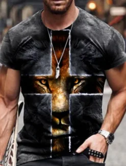 New OUKU Men's Unisex Lion Graphic Prints Cross Shirt T Shirt Tee Short Sleeve T shirt 3D Print Round Neck Shirt Designer Basic Big and Tall Casual Daily Black / Gray Gold + Black Black Summer Clothing Apparel